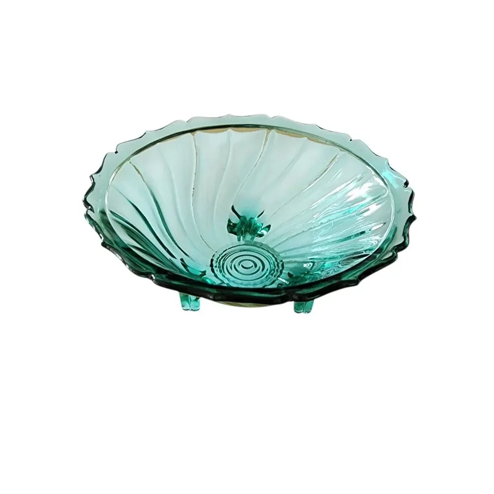 Vintage LE Smith Green Glass Footed Bowl Swirl Pattern Scalloped Rim 3 Legged 6